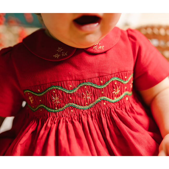 Stella Short Sleeve Corduroy Smocked Bubble, Red - Rompers - 4