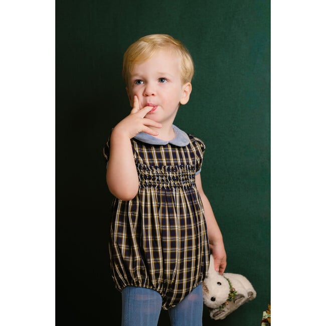 Angelica Short Sleeve Tartan Smocked Bubble, Navy - Rompers - 4