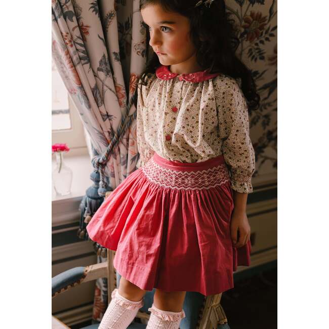 Marie Floral Print Smocked Corduroy Skirt & Blouse, Pink - Mixed Apparel Set - 3