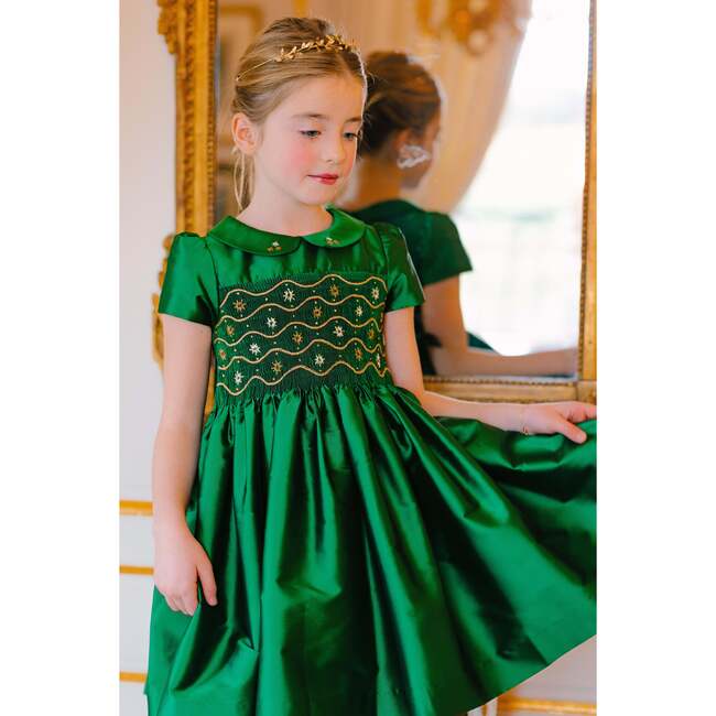 Stella Silk Taffetas Short Sleeve Smocked Dress, Green - Dresses - 3