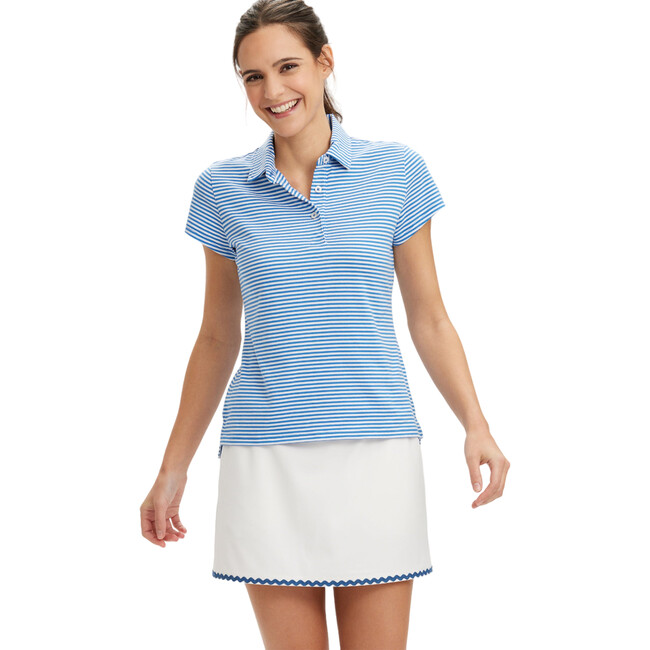 Women's Striped Short Sleeve Polo Shirt, Cobalt & White