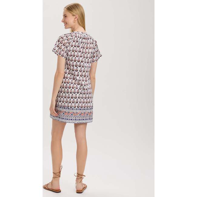 Women's Block Print Button Placket Short Sleeve Dress, Navy & Coral - Dresses - 5