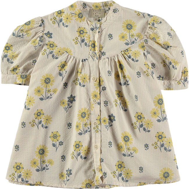 Floral Stripes Round Yoke Bow Puff Sleeve Blouse, Off-White & Yellow