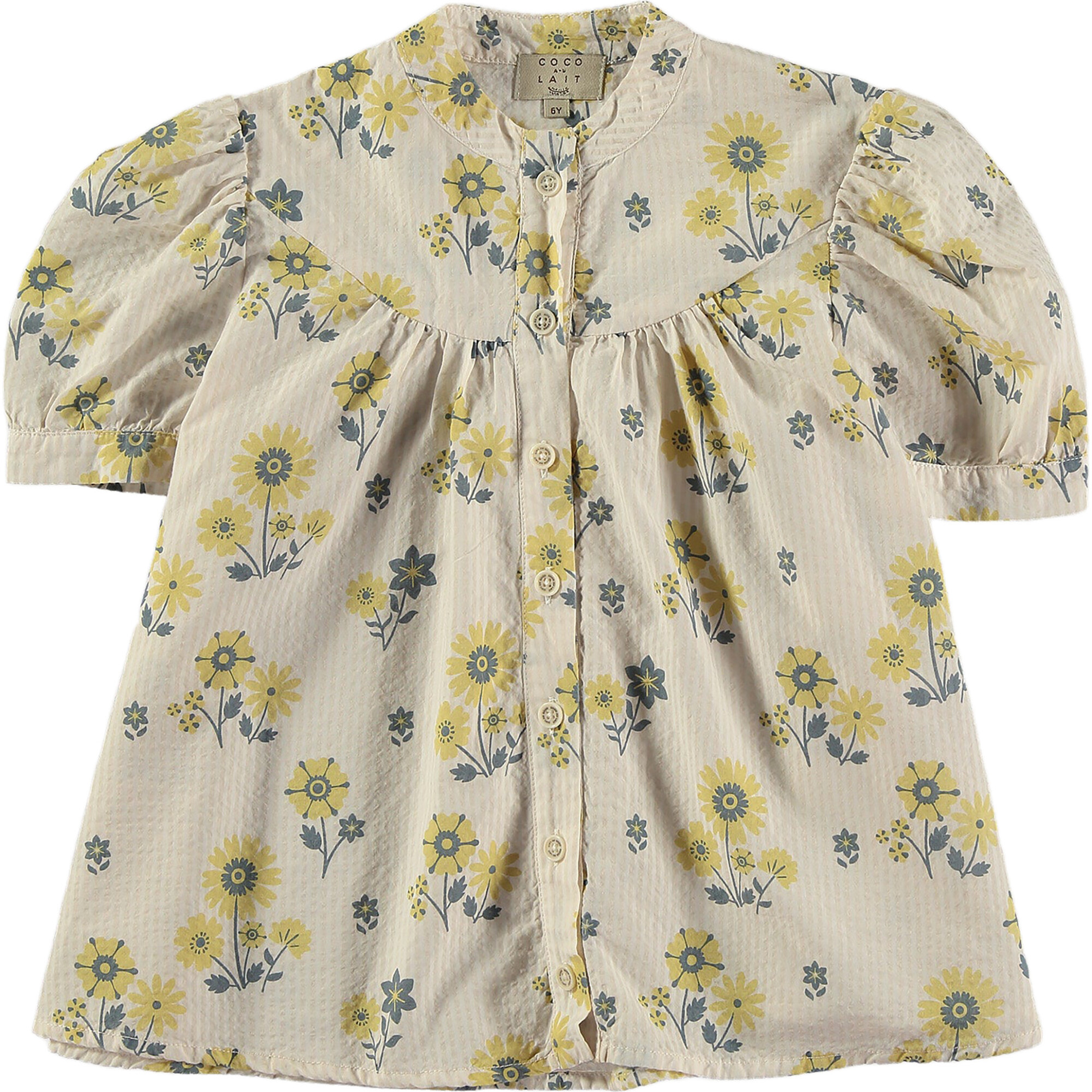 Floral Stripes Round Yoke Bow Puff Sleeve Blouse, Off-White & Yellow - Blouses - 1