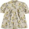 Floral Stripes Round Yoke Bow Puff Sleeve Blouse, Off-White & Yellow - Blouses - 1 - thumbnail