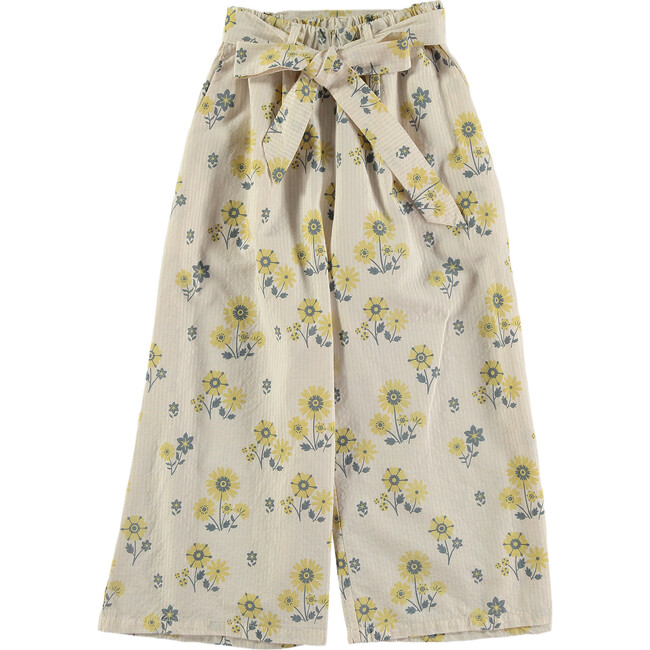 Floral Stripes Front Pleats Wide Pants, Off-White & Yellow