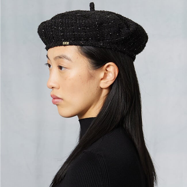 Women's Carter 14KT Gold Logo Plate Tweed Beret, Black - Hats - 3