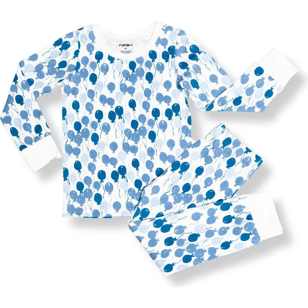 Print Long Sleeve Cuffed Pajamas, Blue Balloons - Pajamas - 1