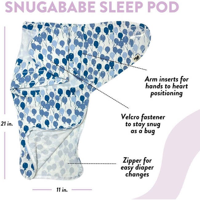 Snugababe Swaddle Zipper Sleep Pod, Blue Balloons - Swaddles - 3