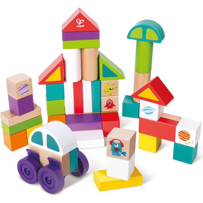 Space Monster Stacking Blocks - 54pc Wooden Colorful Various Shapes Set