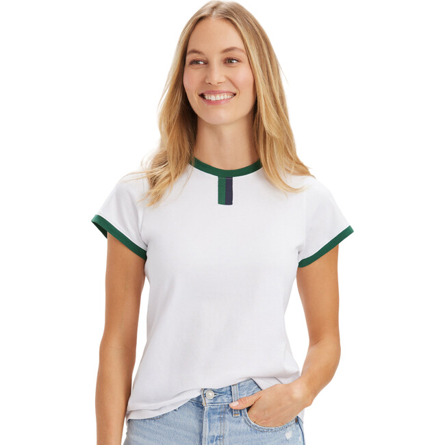 Women's Vintage Short Sleeve Ringer Neck Piped T-Shirt, White