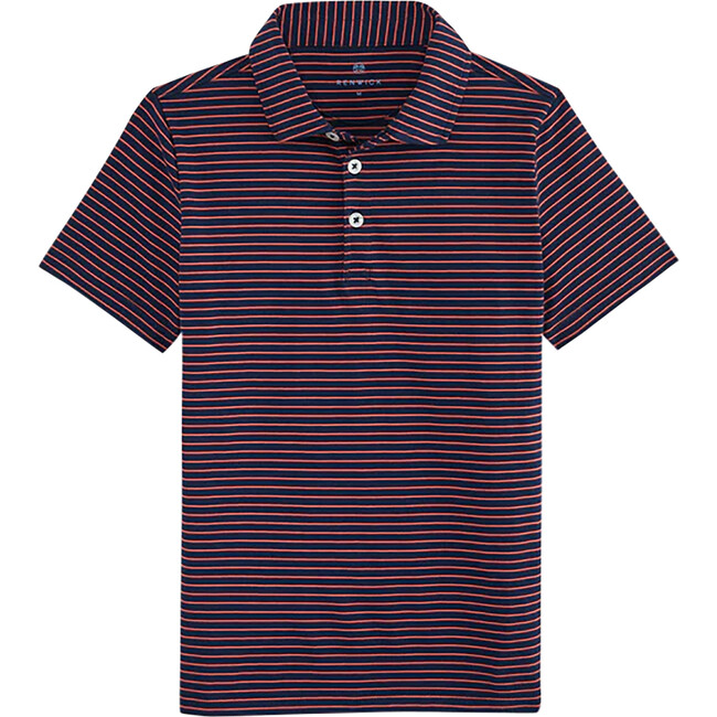 Boys Striped Short Sleeve Polo Shirt, Navy & Breton Red