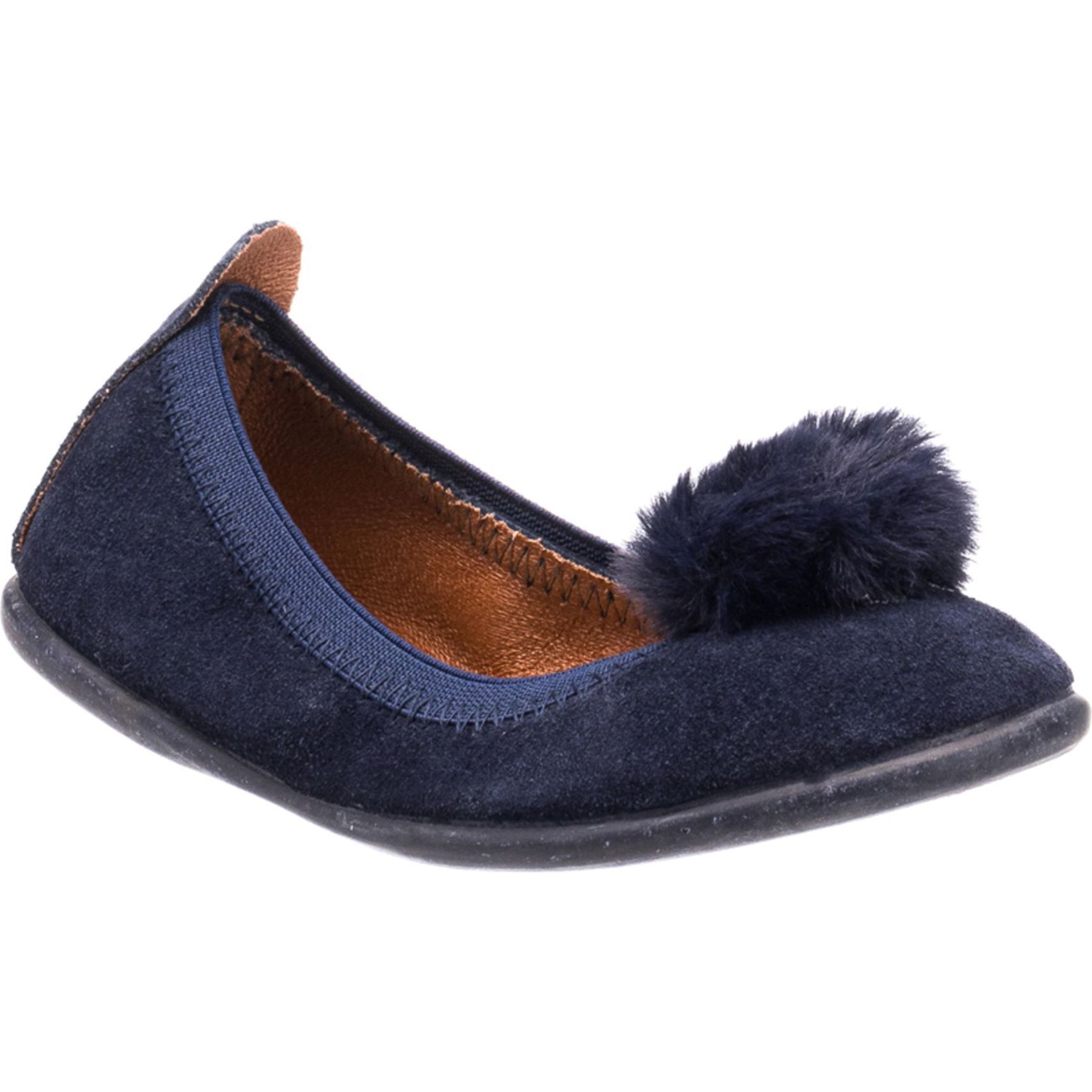 Suede Pom Pom Ballerina, Blue - Flats - 1