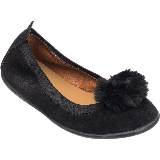 Suede Pom Pom Ballerina, Black - Flats - 3