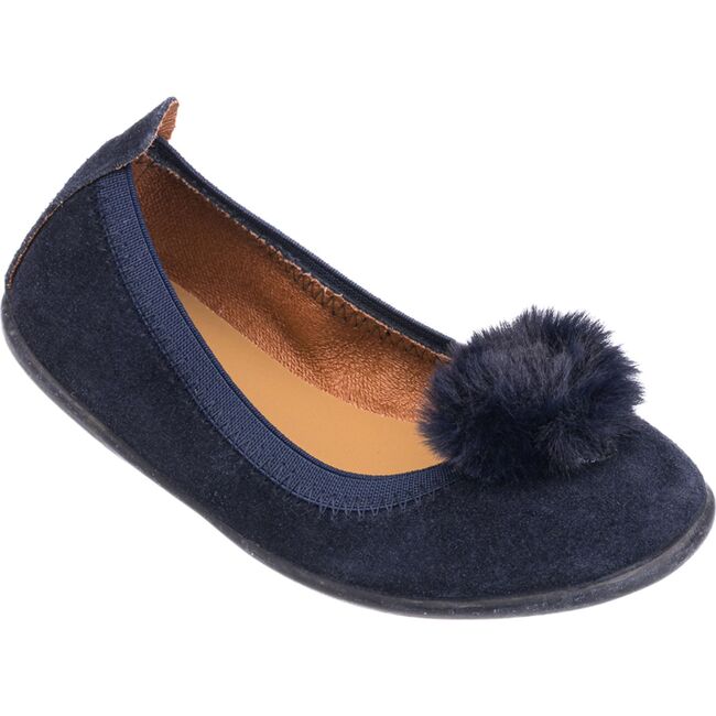 Suede Pom Pom Ballerina, Blue - Flats - 3