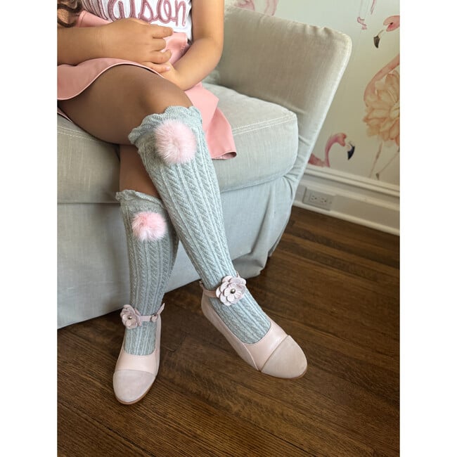 Grey Knee High Socks with Poms, Pink - Socks - 2