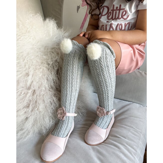 Grey Knee High Socks with Poms, White - Socks - 2