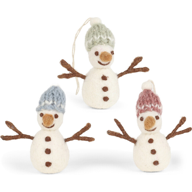 Small Snowmen in Colorful Hats, Set of 3 Ornaments