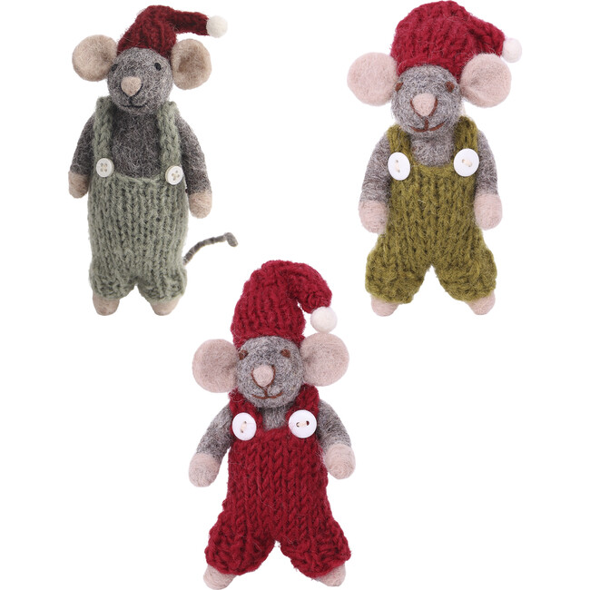 Small Mice in Jumpsuits, Set of 3 Ornaments