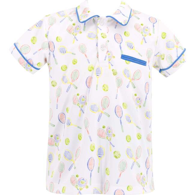 Boys Roger Racket Print Short Sleeve Polo Shirt, White