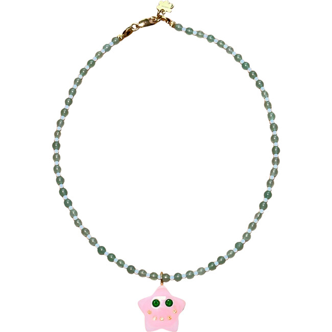 Lucky Starface Beaded Necklace, Pink Shell