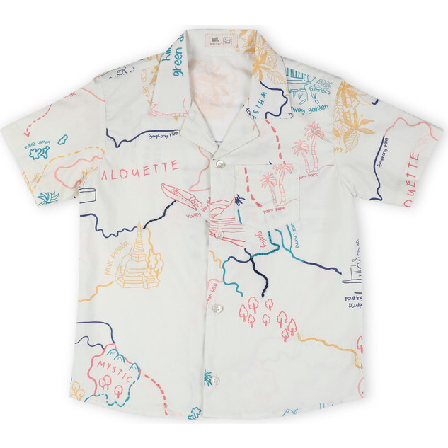 Voyager Trails Printed Cotton Shirt with Cuban Collar and Embroidery, Off-White