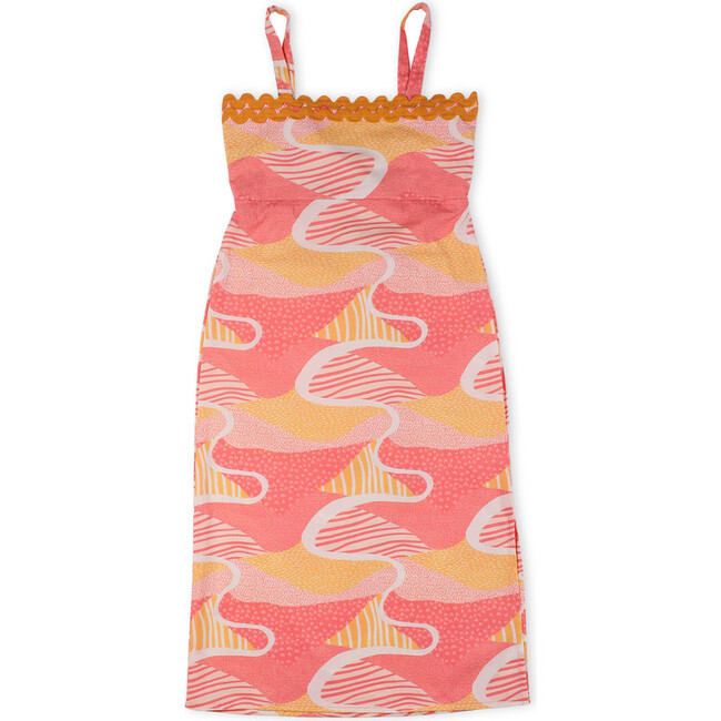 Candy Escape Printed Sleeveless Cotton Midi Dress with Tie-Up, Pink and Yellow