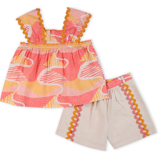 Candy Escape Printed Cotton Co-Ord Set with Shorts, Pink and Yellow