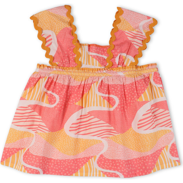 Candy Escape Printed Sleeveless Cotton Flare Top, Pink and Yellow