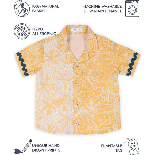 Buttercup Floral Printed Cotton Shirt with Cuban Collar, Yellow