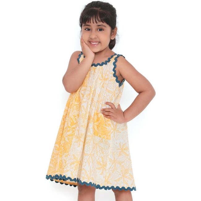 Buttercup Floral Printed Cotton Flare Dress, Yellow
