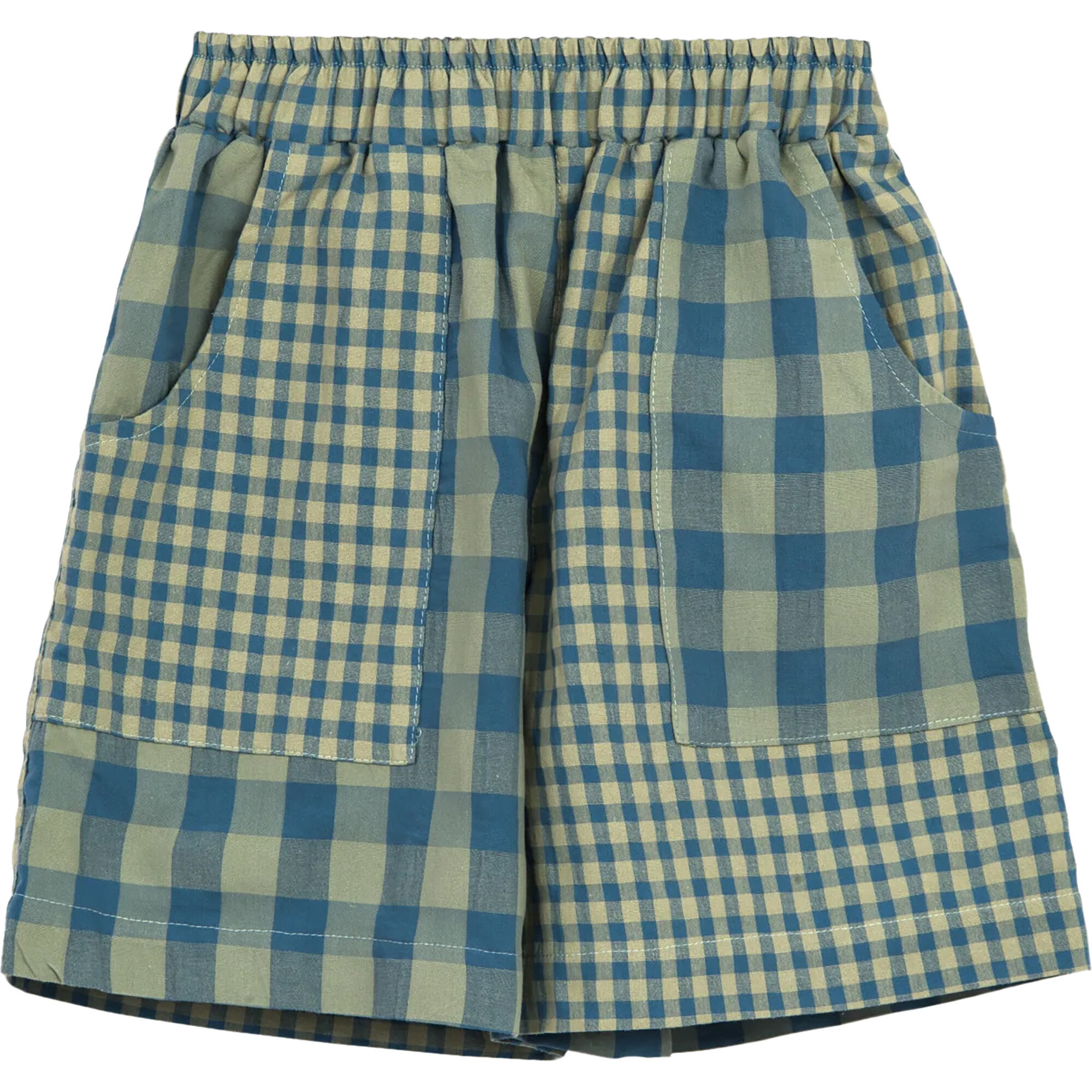 Vichy Regular Fit Elastic Waist Shorts, Aqua & Beige - Shorts - 1