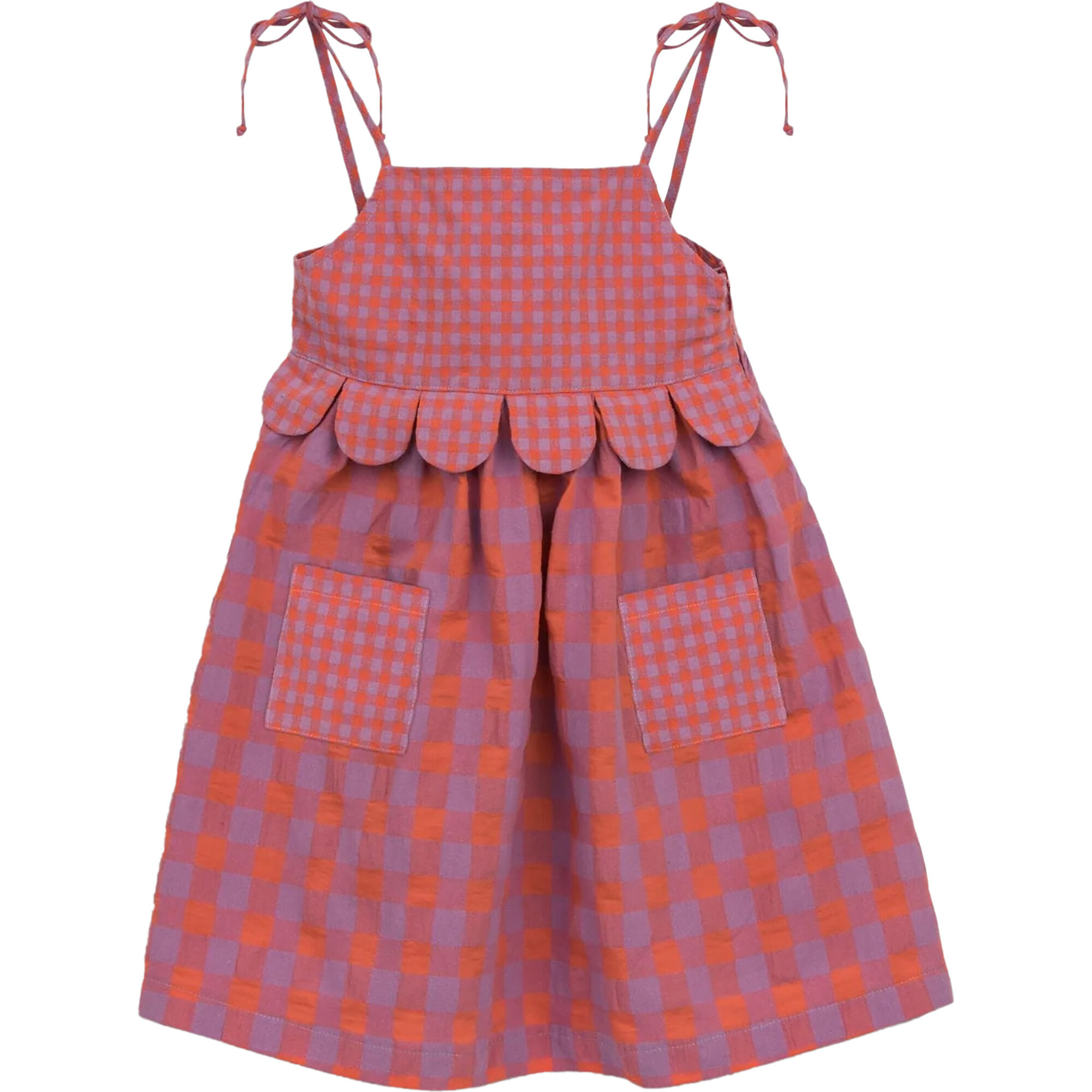 Girl's Vichy Strap Ruffle Vichy Dress, Aqua & Sorbet - Dresses - 1