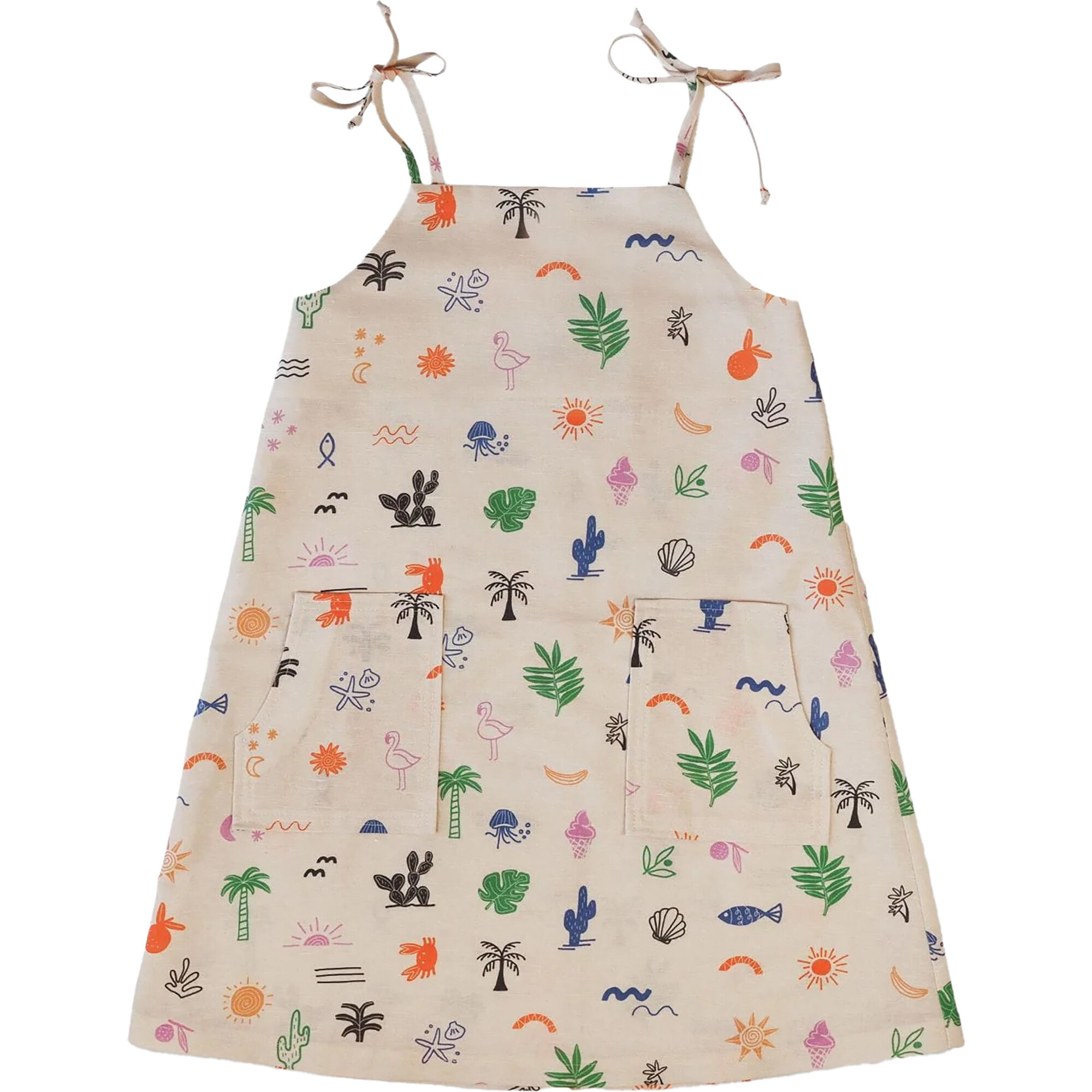 Girl's Printed Linen Tied Shoulder Strap Dress, Safari - Dresses - 1