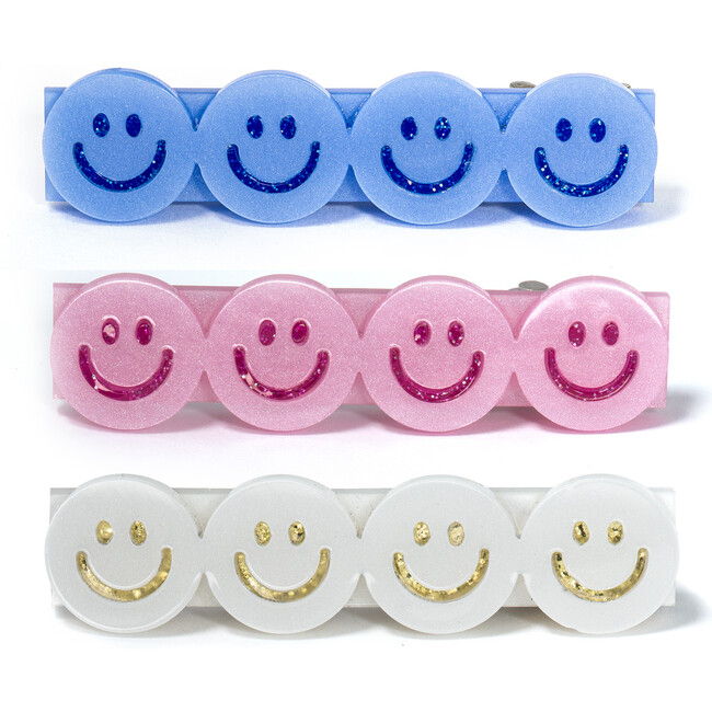 Happy Faces Satin Blue White Pink Hair Clips
