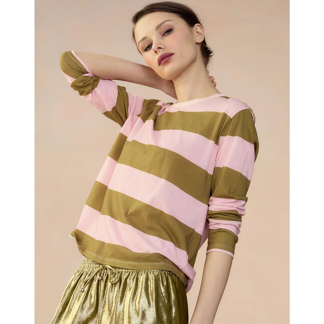 Women's Striped Long Sleeve Everyday Tee, Pink & Olive - T-Shirts - 2