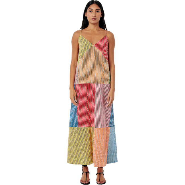 Women's Nadia Deep V-Neck Strap Dress, Multi Stripe Patchwork
