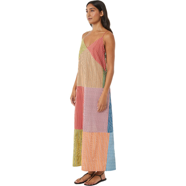 Women's Nadia Deep V-Neck Strap Dress, Multi Stripe Patchwork - Dresses - 5