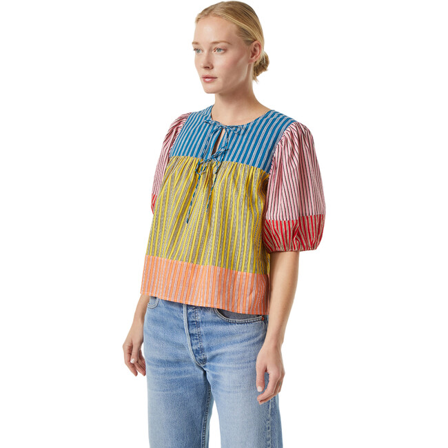 Women's Javier Print Puff Sleeve Top, Multi Stripe Patchwork