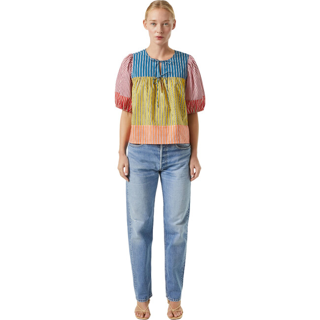 Women's Javier Print Puff Sleeve Top, Multi Stripe Patchwork - Blouses - 4