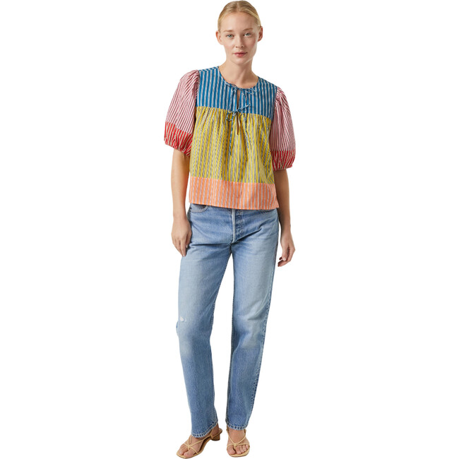 Women's Javier Print Puff Sleeve Top, Multi Stripe Patchwork - Blouses - 5