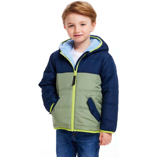 Color-Block Puffer Sherpa Jacket, Teal & Navy - Jackets - 2