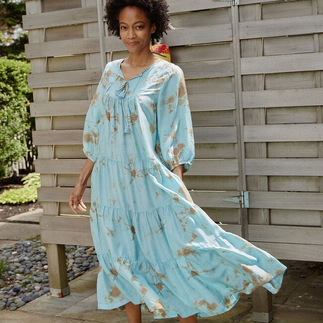 Women;s Indira Silk Tie-Dye V-Neck 3-Quarter Sleeve Dress, Milky Blue