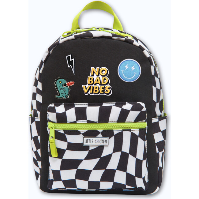 Small Checkered Pattern Backpack With Patches, Black & White