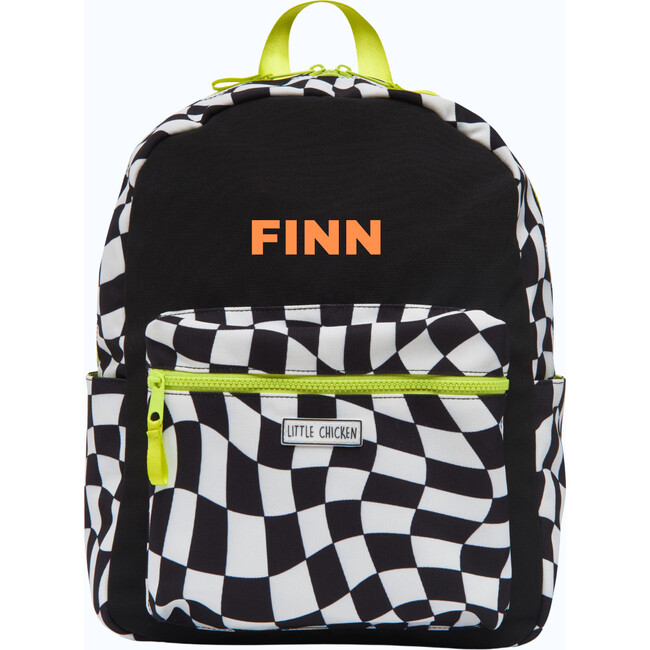 Small Checkered Pattern Backpack With Embroidered Name, Black & White
