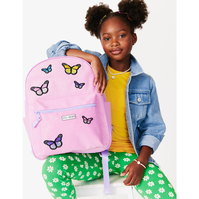 Glitter Backpack With Butterfly Patches, Pink - Backpacks - 2