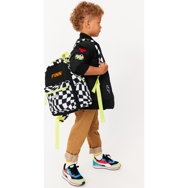 Small Checkered Pattern Backpack With Embroidered Name, Black & White - Backpacks - 2