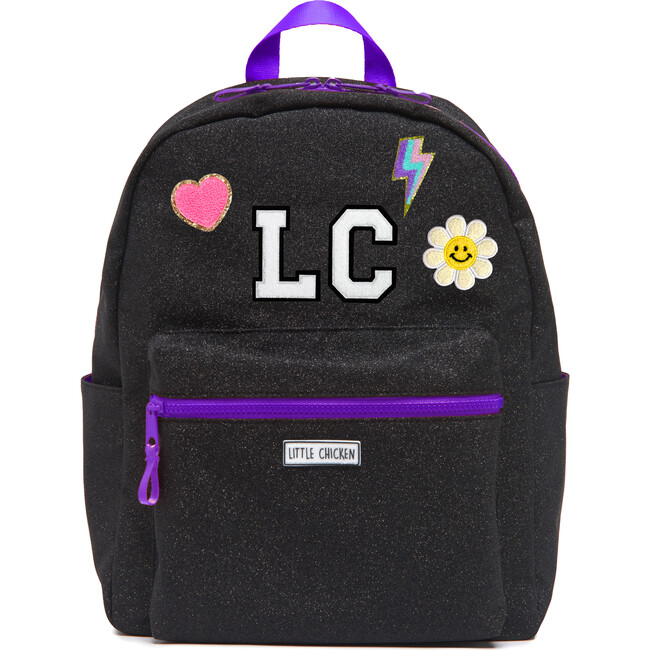 Glitter Backpack With Monogram Patches, Black