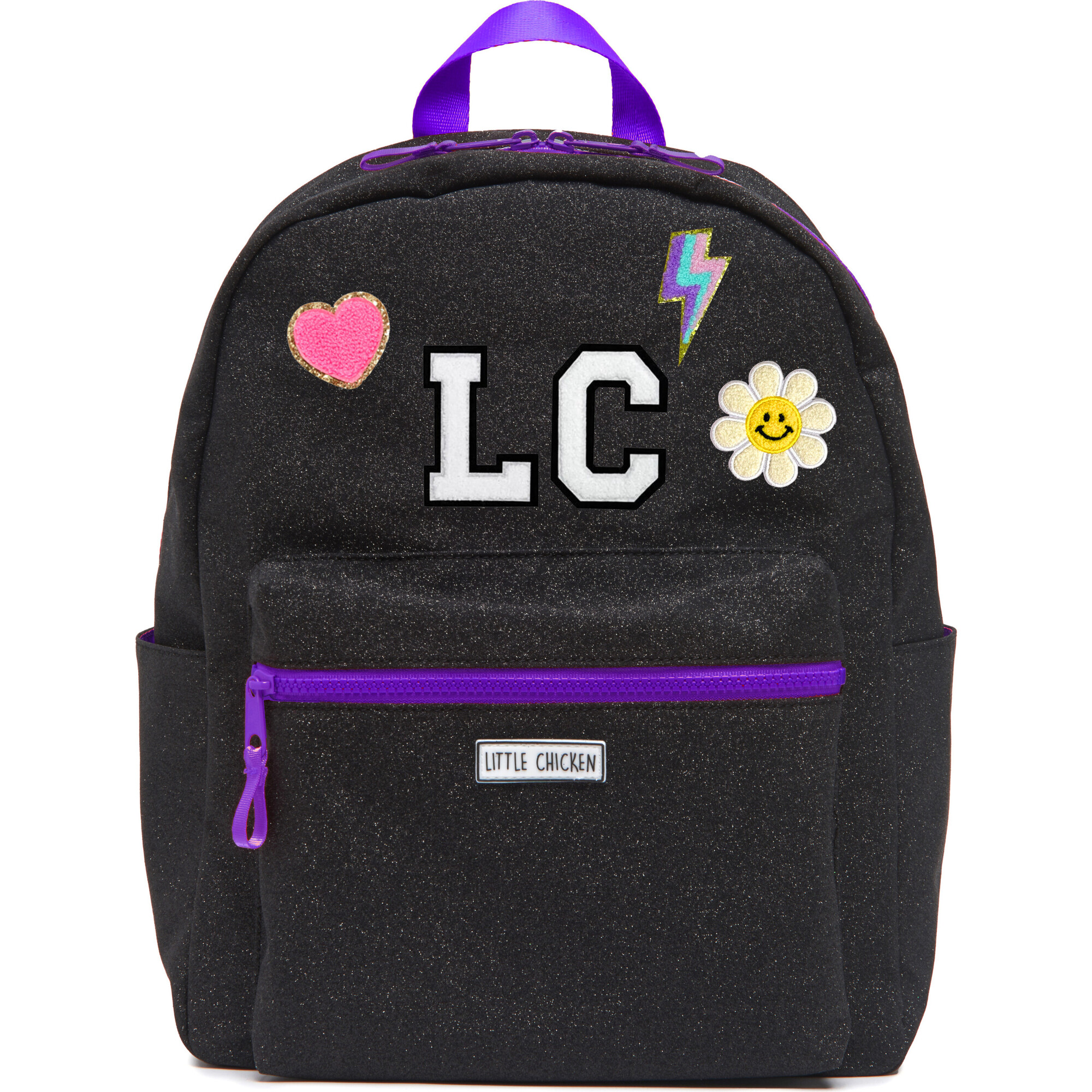 Glitter Backpack With Monogram Patches, Black - Backpacks - 1