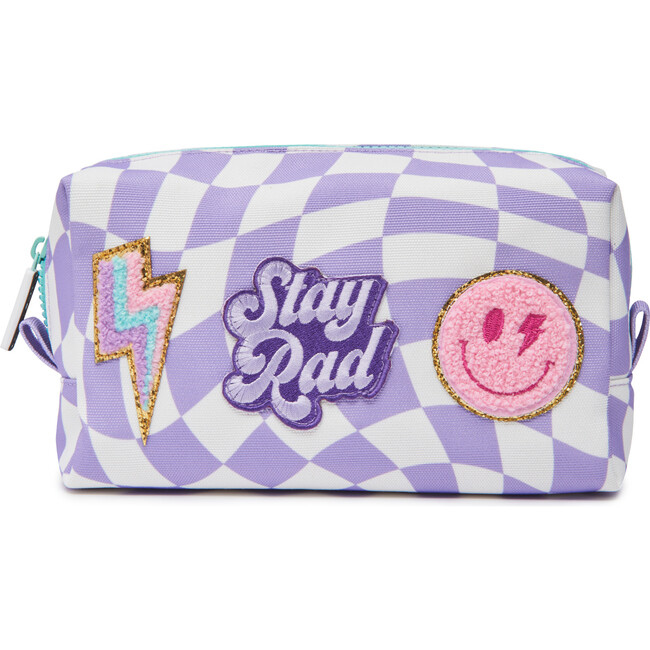 Checkered Pattern Pencil Pouch With Patches, Purple